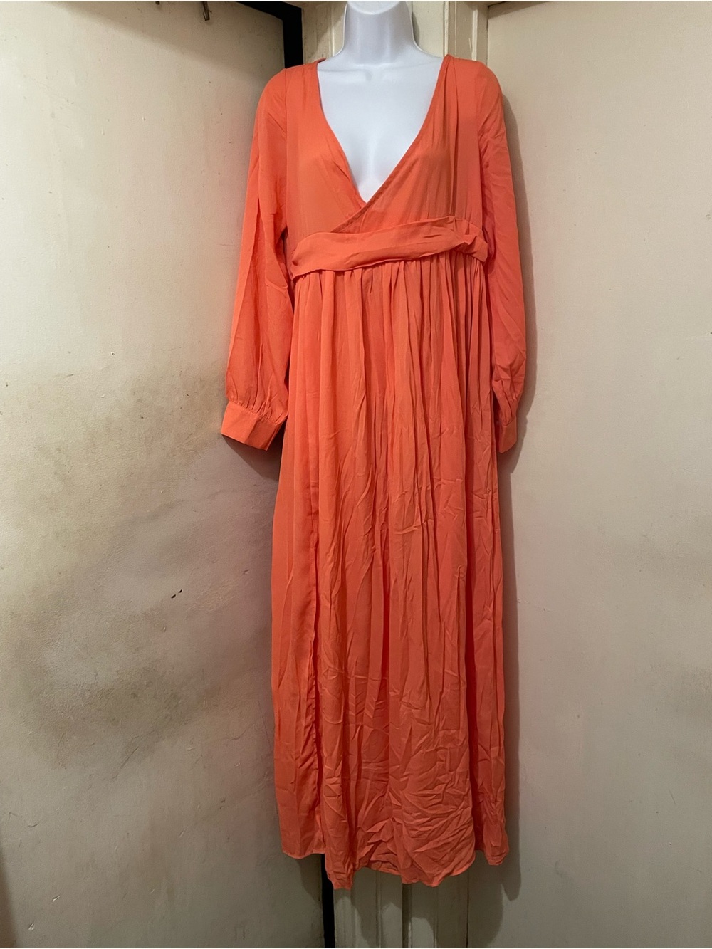 Women’s Orange Solid V-Neck Long Sleeve Chiffon Maxi Dress Size L